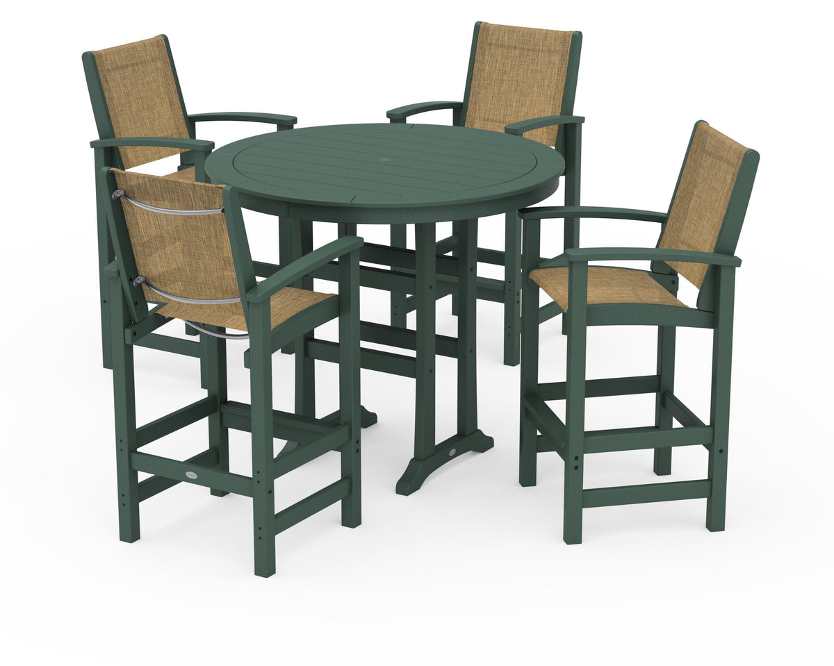 POLYWOOD Coastal 5-Piece Nautical Trestle Bar Set in Green / Burlap