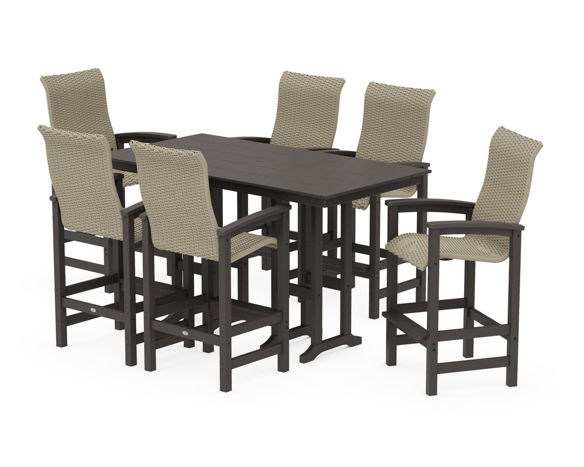POLYWOOD Coastal Woven High-Back Arm Chair 7-Piece Farmhouse Bar Set in Vintage Coffee / Dune Grass