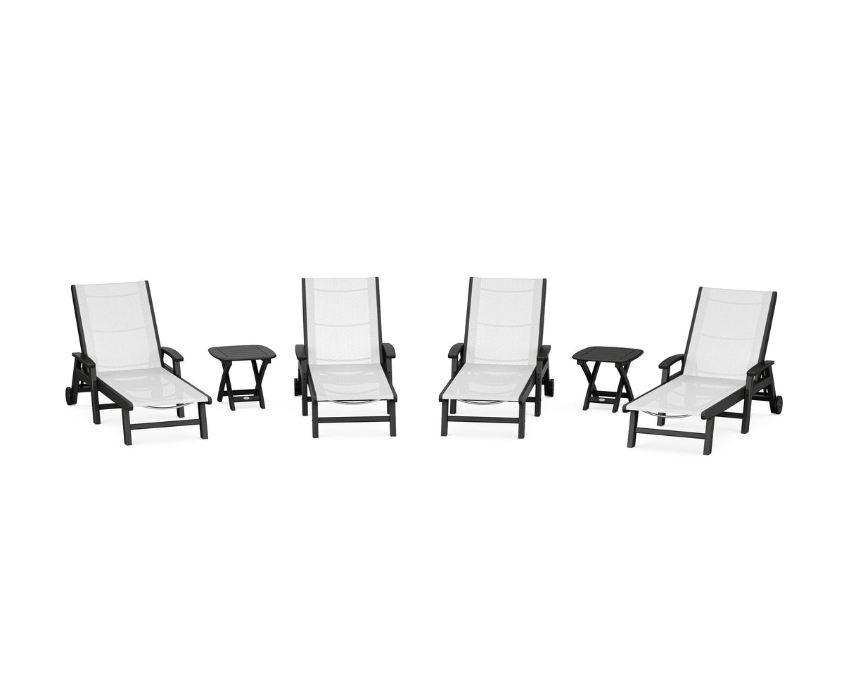 POLYWOOD Coastal Chaise 6-Piece Set with Wheels in Black / White