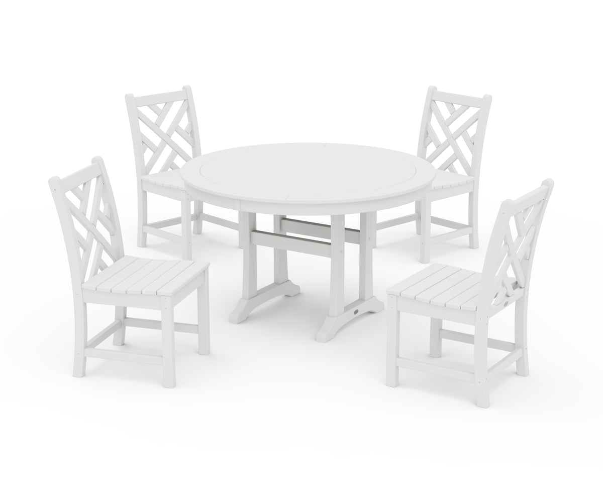 POLYWOOD Chippendale Side Chair 5-Piece Round Dining Set with Trestle Legs in White