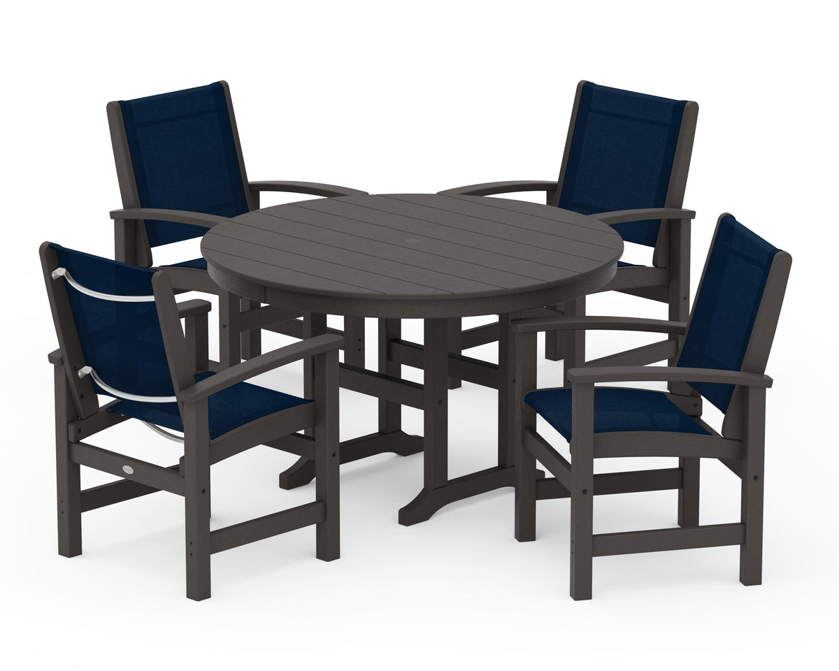 POLYWOOD Coastal 5-Piece Round Farmhouse Dining Set in Vintage Coffee / Navy Blue