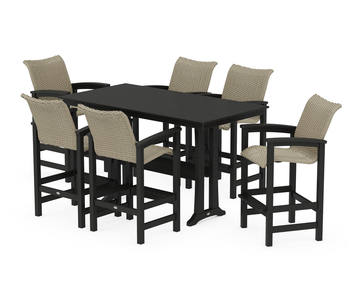 POLYWOOD Coastal Woven Arm Chair 7-Piece Farmhouse Bar Set with Trestle Legs in Black / Dune Grass