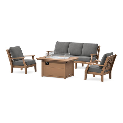POLYWOOD Chinoiserie Deep Seating Fire Pit Table Set in Teak