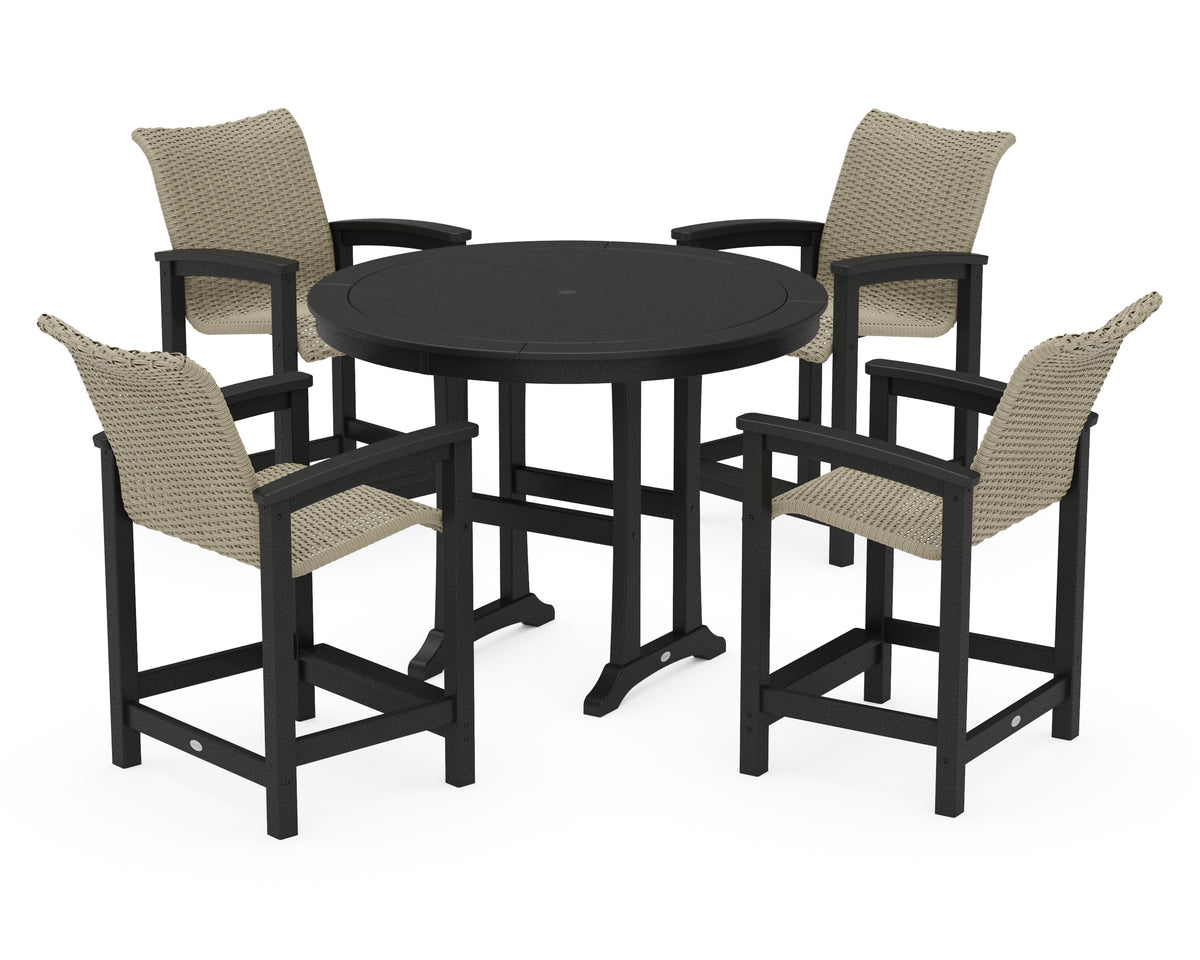 POLYWOOD Coastal Woven 5-Piece Round Counter Set in Black / Dune Grass