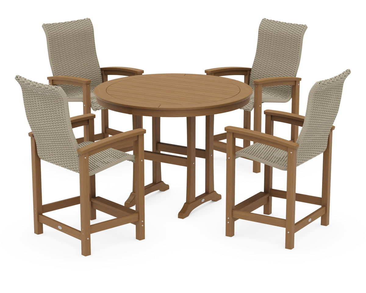 POLYWOOD Coastal Woven High-Back 5-Piece Round Counter Set in Natural / Dune Grass