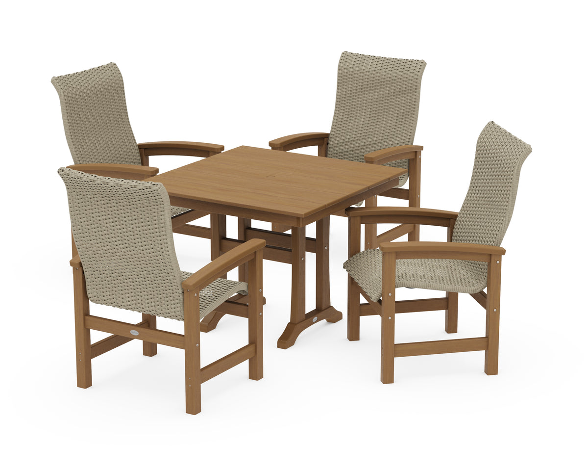 POLYWOOD Coastal Woven High-Back 5-Piece Farmhouse Dining Set with Trestle Legs in Natural / Dune Grass