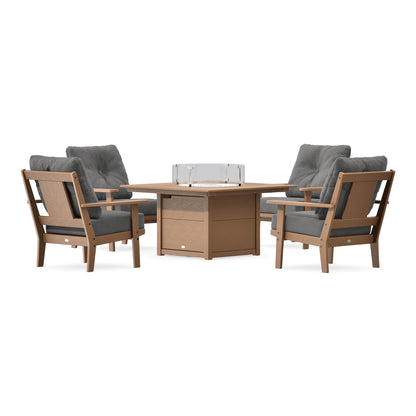POLYWOOD Prairie 5-Piece Deep Seating Set with Fire Pit Table in Teak