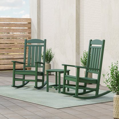 POLYWOOD Presidential 3-Piece Rocking Chair Set with 18" South Beach Side Table in Green in an outdoor setting