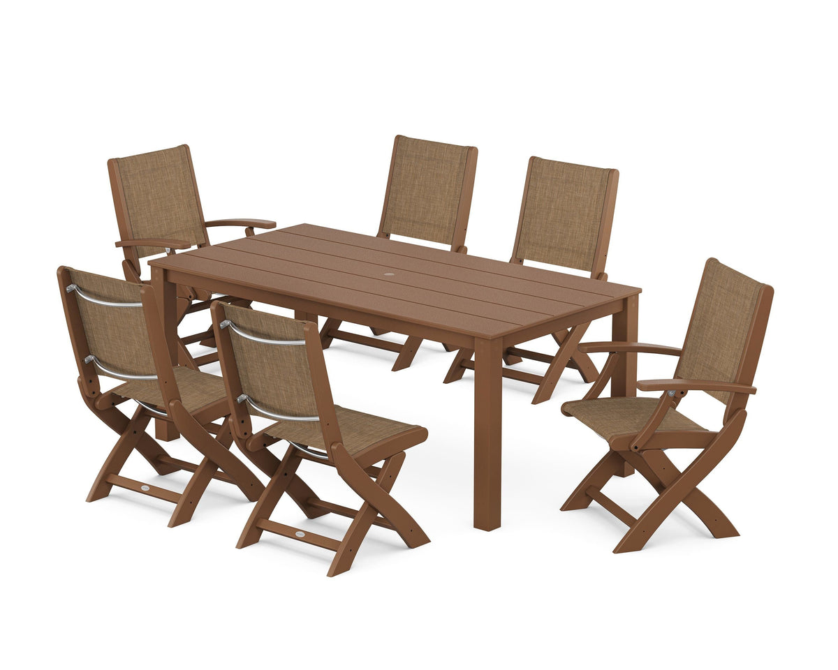 POLYWOOD Coastal Folding Chair 7-Piece Parsons Dining Set with Coastal Folding Side Chair in Teak / Burlap