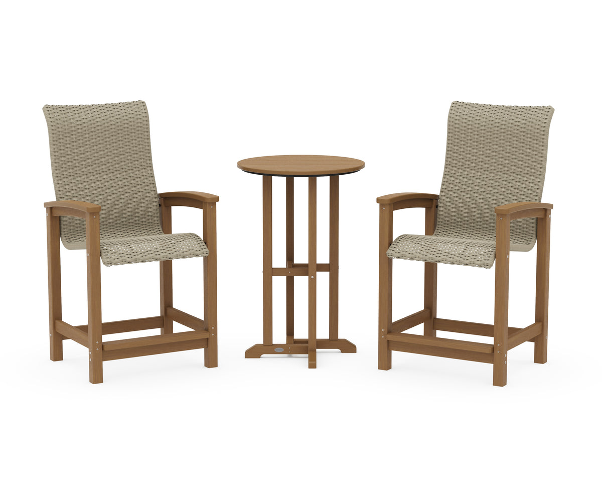 POLYWOOD Coastal Woven High-Back 3-Piece Farmhouse Counter Set in Natural / Dune Grass