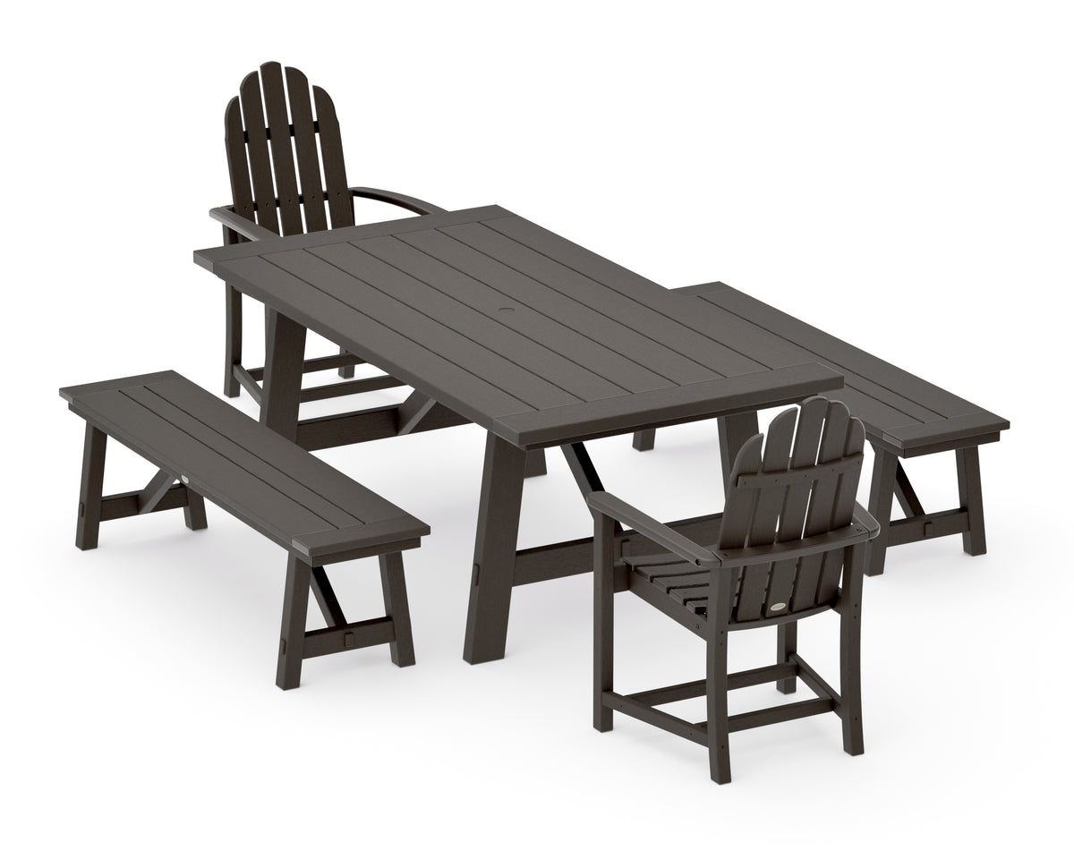 POLYWOOD Classic Adirondack 5-Piece Rustic Farmhouse Dining Set with Benches in Vintage Coffee