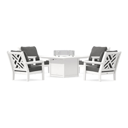 POLYWOOD Chippendale 5-Piece Deep Seating Set with Fire Pit Table in White