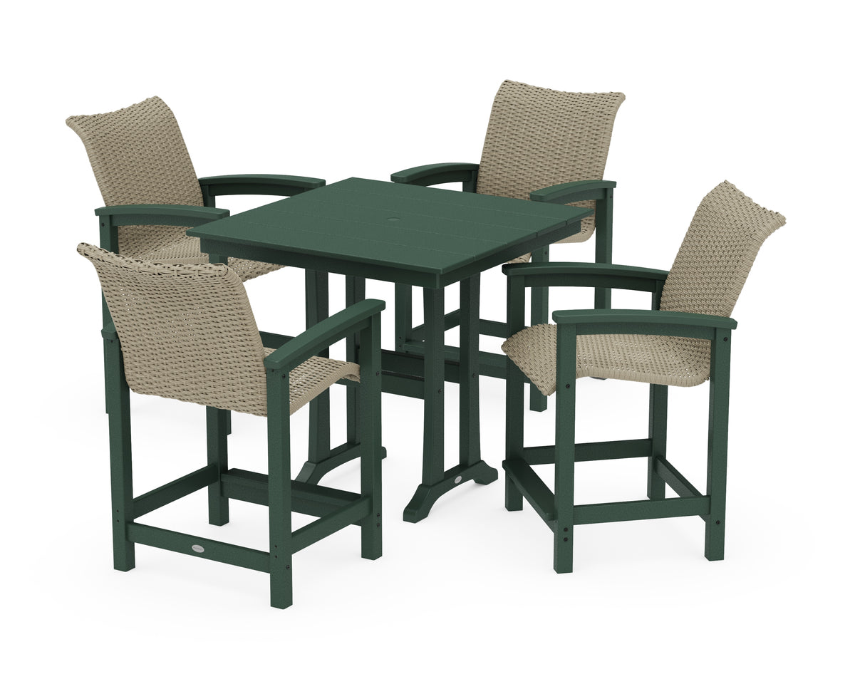 POLYWOOD Coastal Woven 5-Piece Farmhouse Counter Set with Trestle Legs in Green / Dune Grass