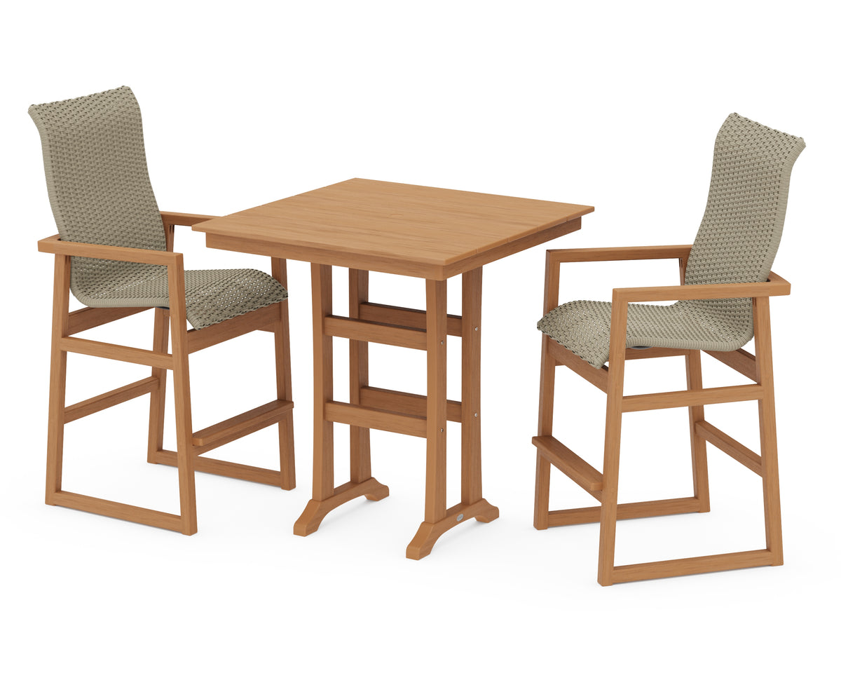 POLYWOOD EDGE Woven Highback 3-Piece Farmhouse Bar Set with Trestle Legs in Natural / Dune Grass