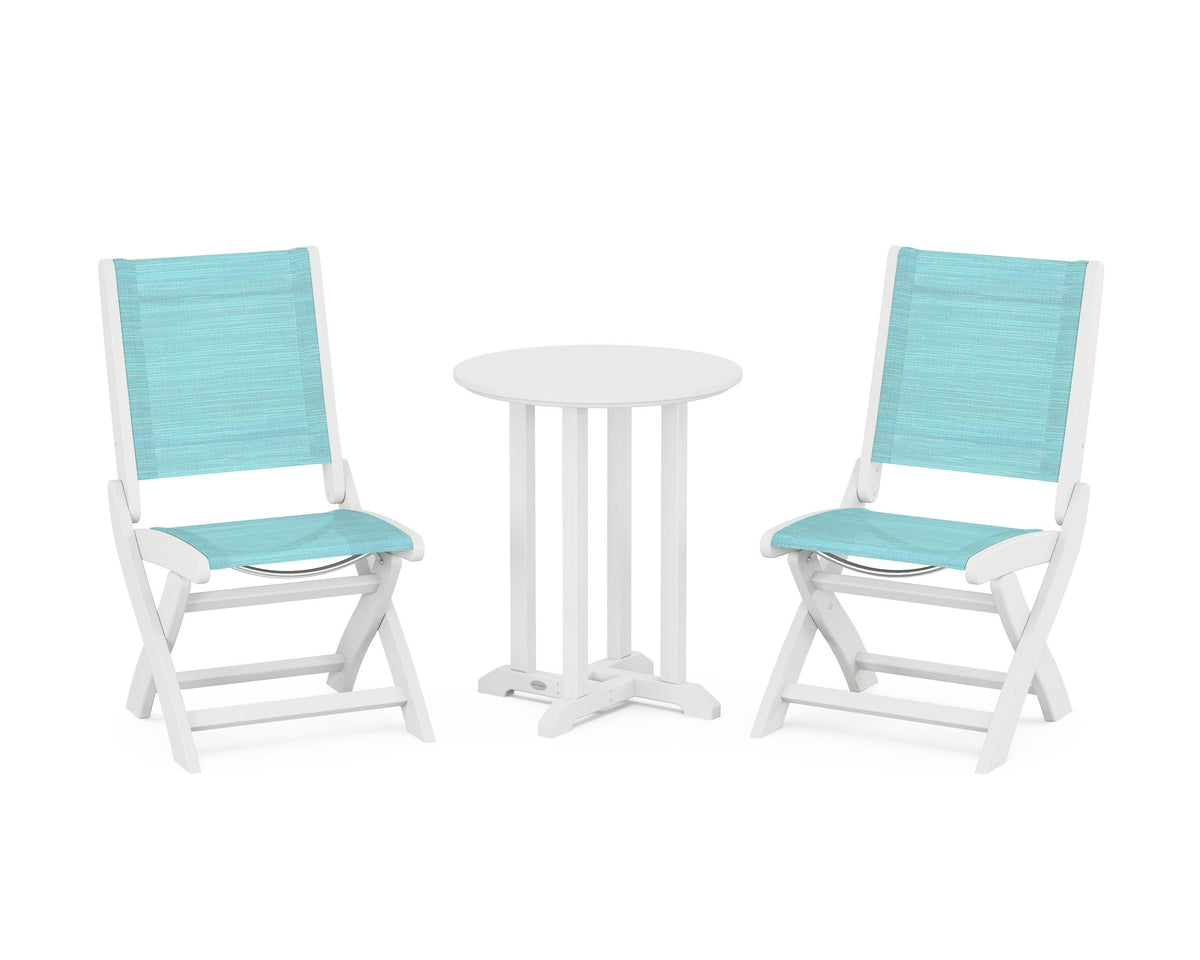 POLYWOOD Coastal Folding Side Chair 3-Piece Round Bistro Dining Set in White / Dupioni Aquamarine