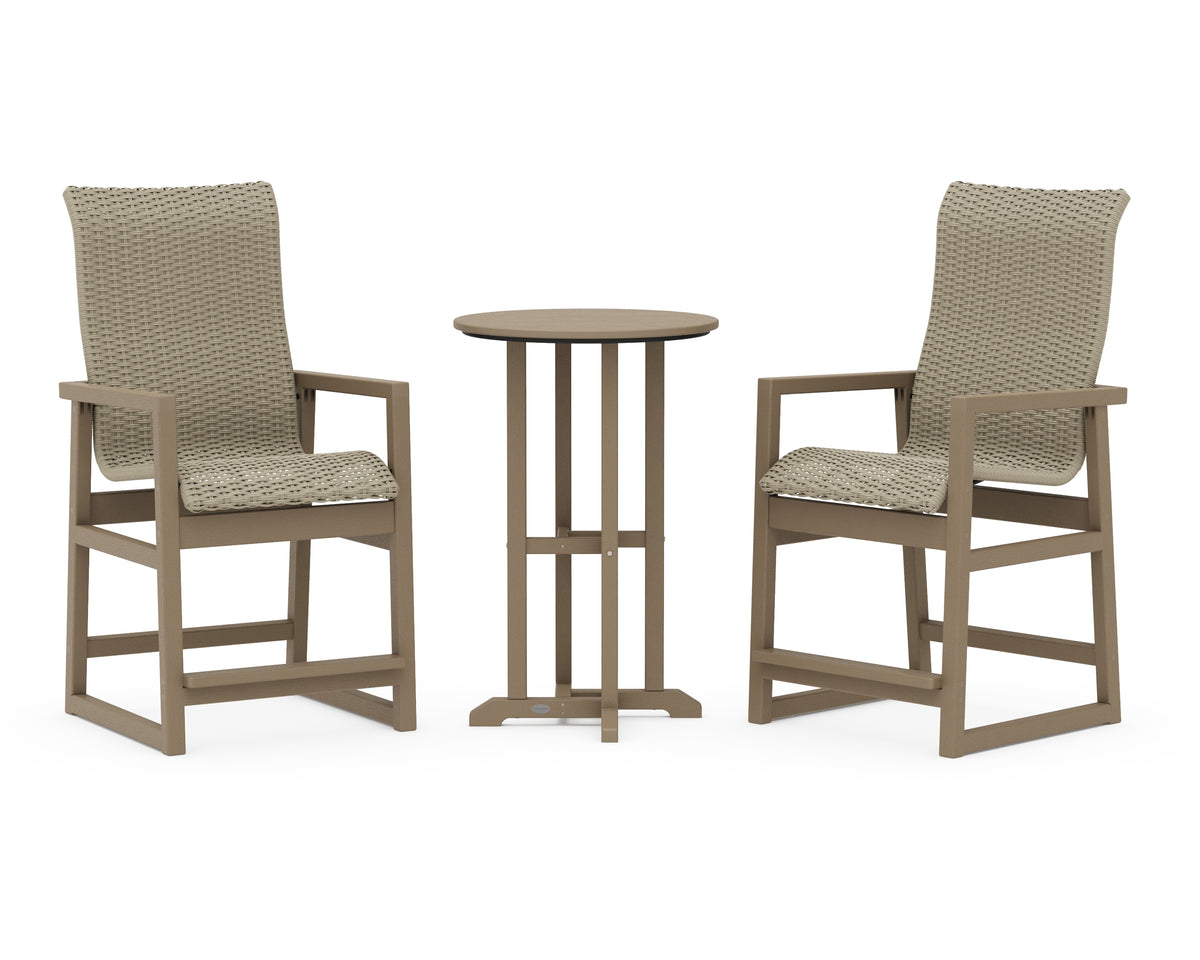 POLYWOOD EDGE Woven Highback 3-Piece Farmhouse Counter Set in Vintage Sahara / Dune Grass