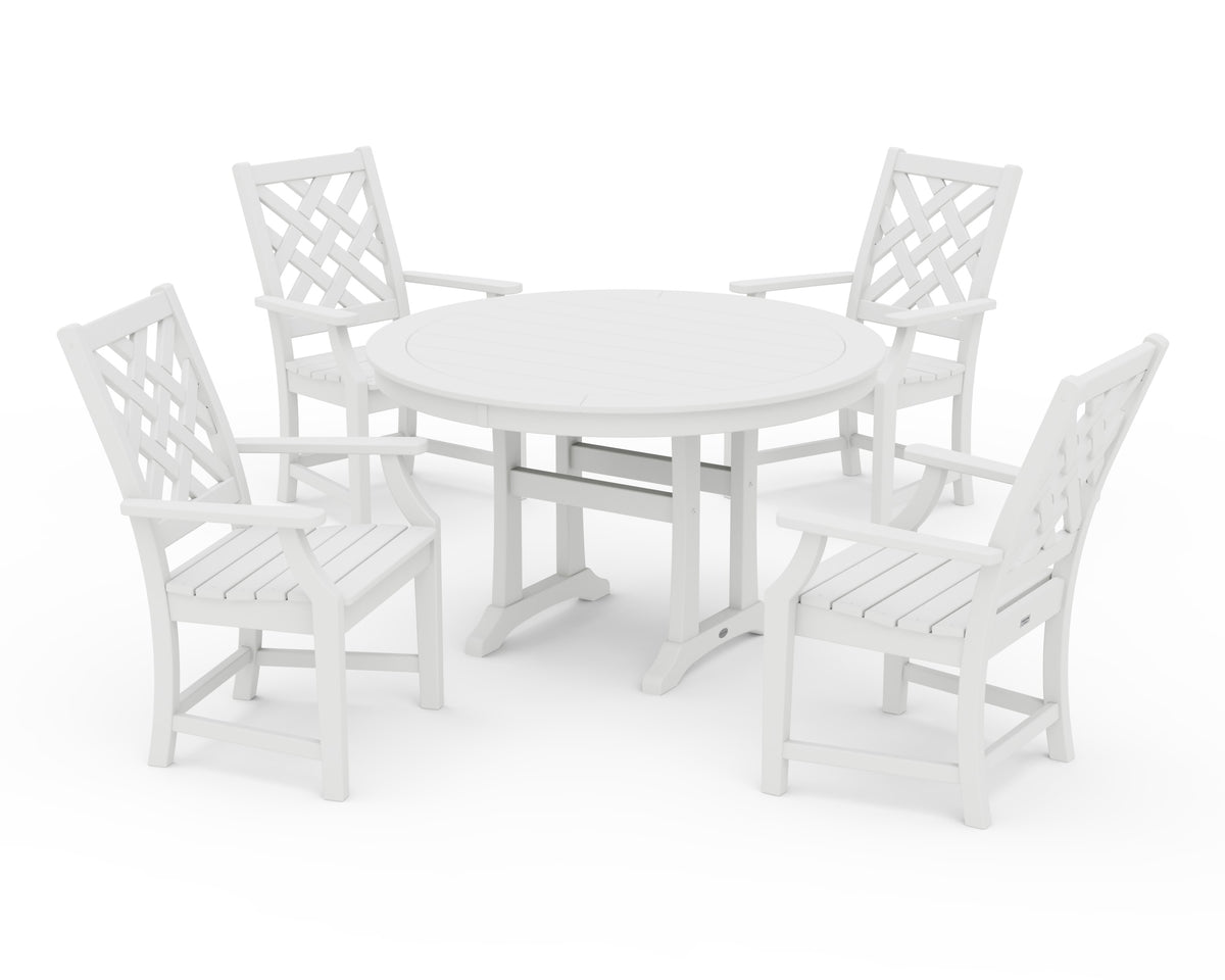 POLYWOOD Wovendale 5-Piece Round Dining Set with Trestle Legs in White