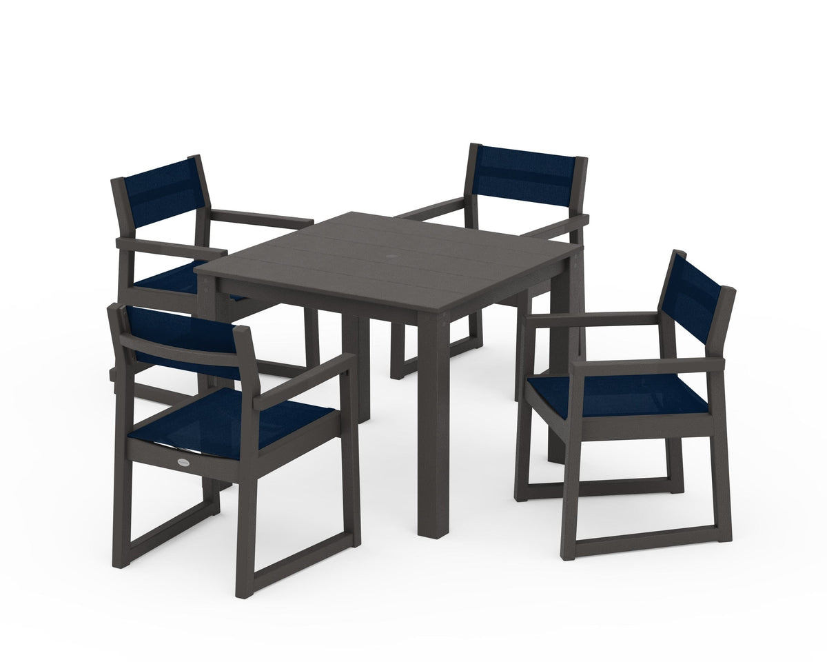 POLYWOOD EDGE Sling Arm Chair 5-Piece Parsons Dining Set in Vintage Coffee / Navy Blue