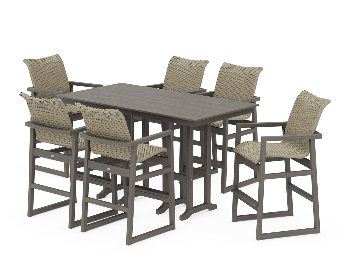 POLYWOOD EDGE Woven Arm Chair 7-Piece Farmhouse Bar Set in Driftwood / Dune Grass