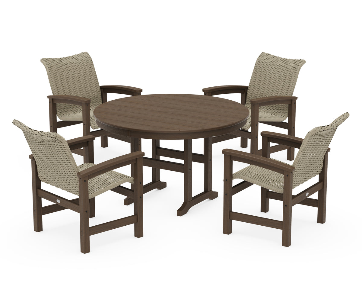 POLYWOOD Coastal Woven 5-Piece Round Farmhouse Dining Set in Kona / Dune Grass