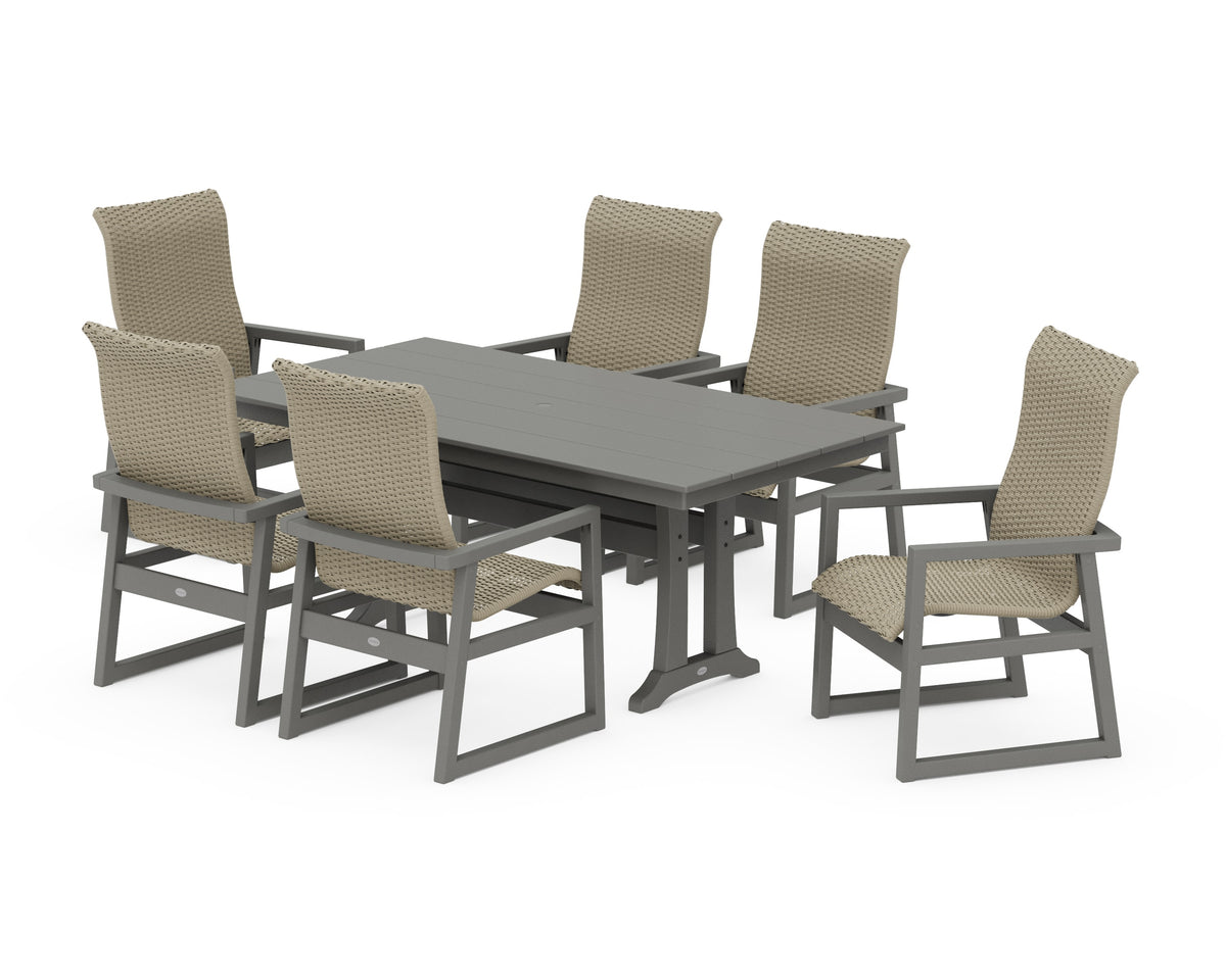 POLYWOOD EDGE Woven High-Back Arm Chair 7-Piece Farmhouse Dining Set with Trestle Legs in Slate Grey / Dune Grass