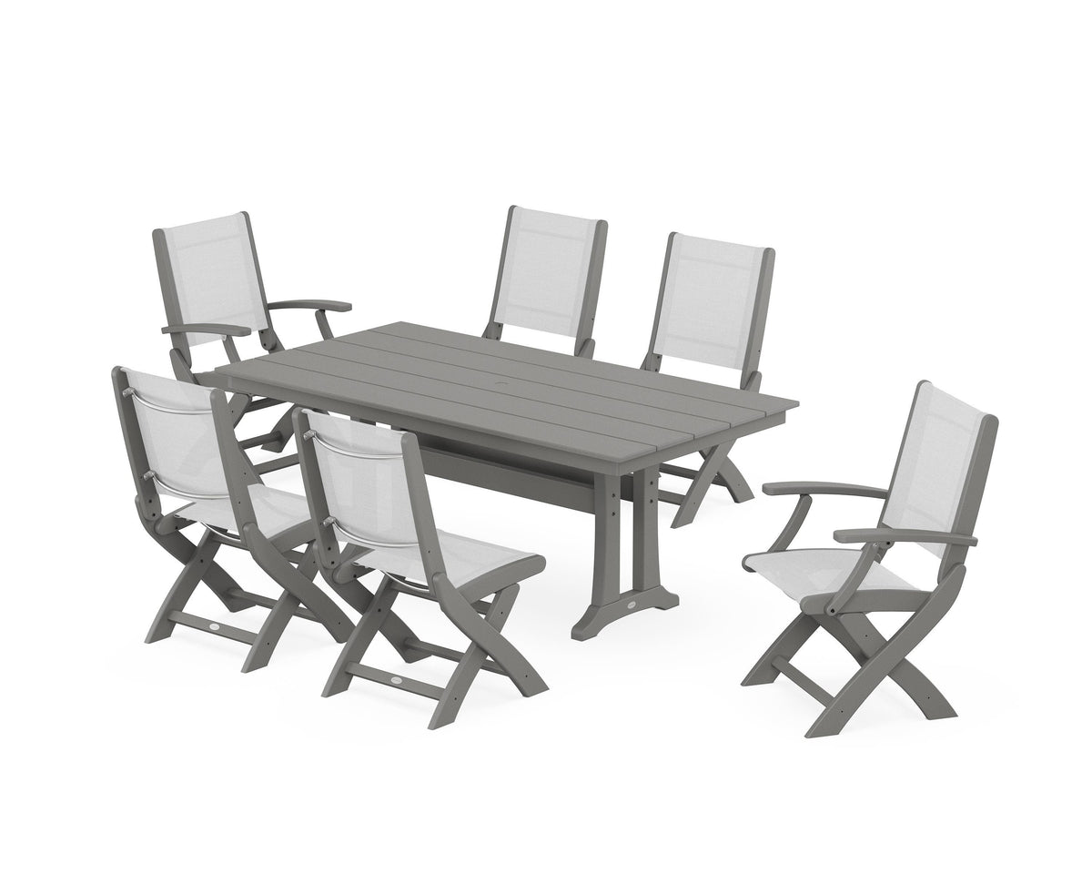 POLYWOOD Coastal Folding Chair 7-Piece Farmhouse Dining Set with Trestle Legs in Slate Grey / White