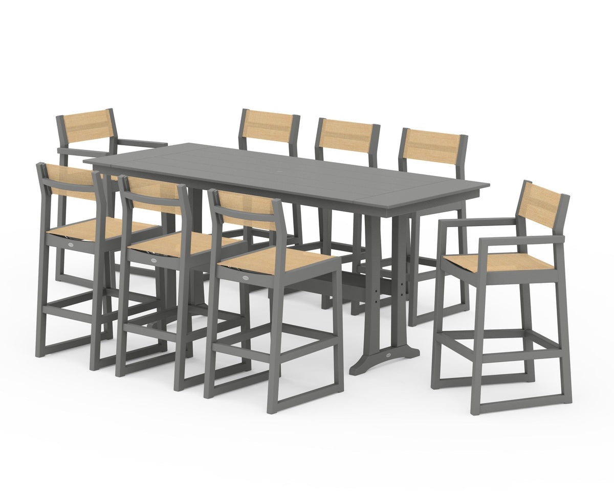 POLYWOOD EDGE Sling 9-Piece Farmhouse Bar Set with Trestle Legs in Slate Grey / Dupioni Apricot