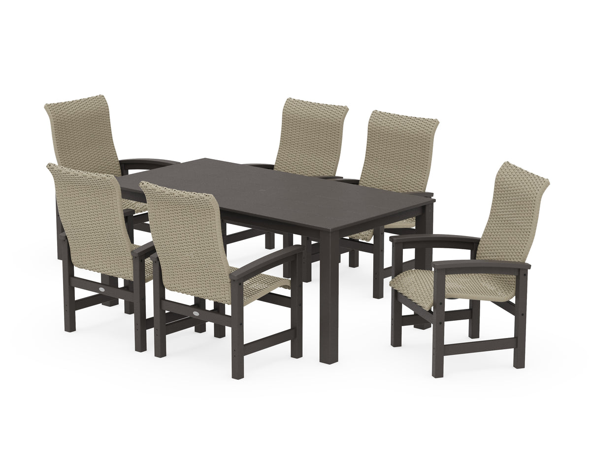 POLYWOOD Coastal Woven High-Back Arm Chair 7-Piece Parsons Dining Set in Vintage Coffee / Dune Grass