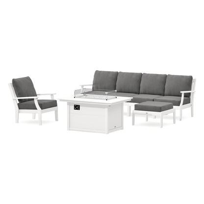 POLYWOOD Braxton Sectional Lounge and Fire Pit Set in Vintage White