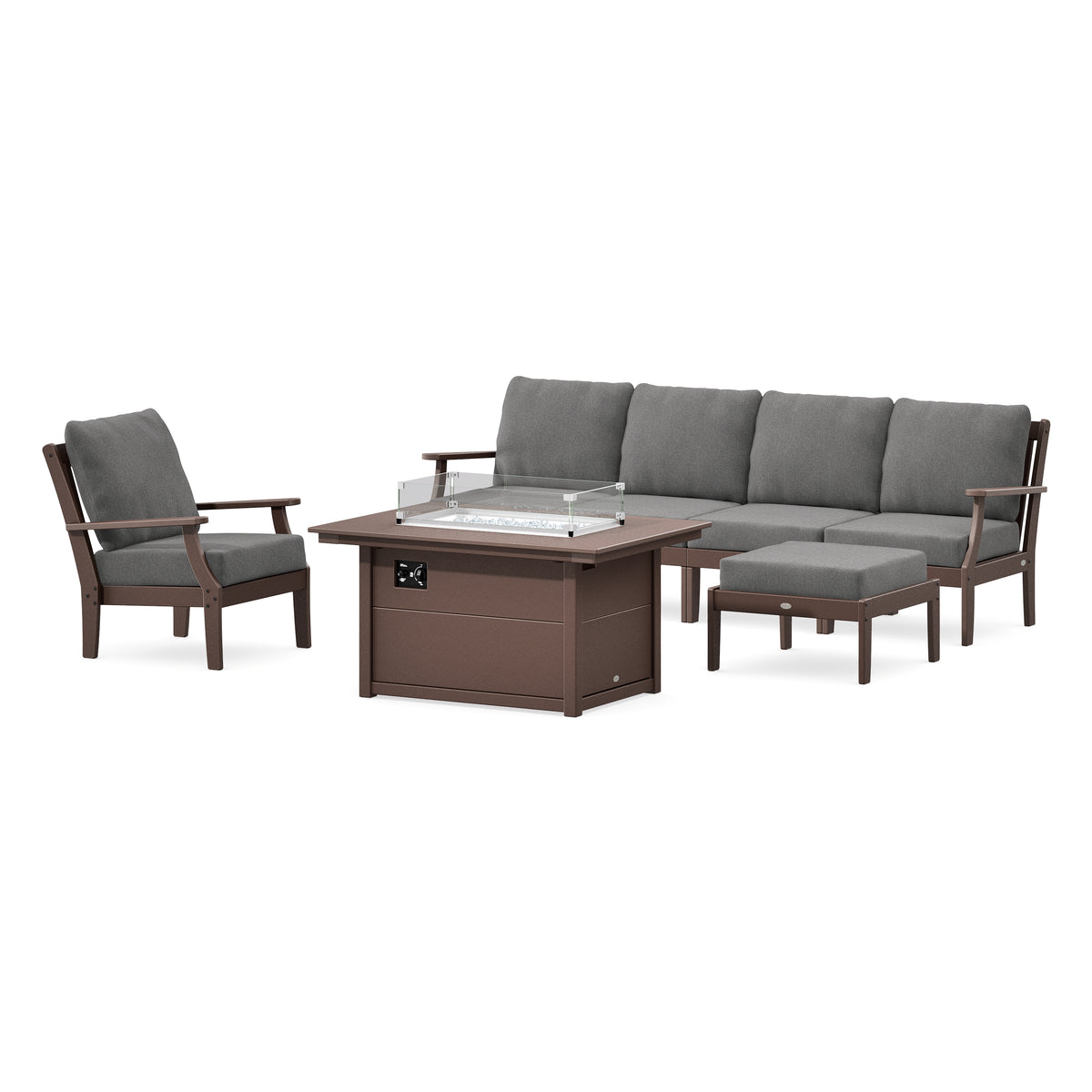 POLYWOOD Braxton Sectional Lounge and Fire Pit Set in Mahogany
