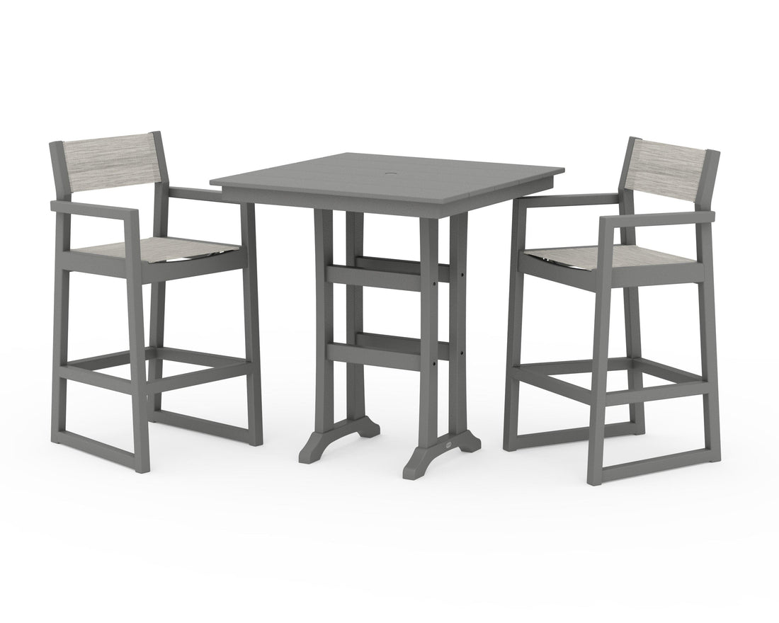POLYWOOD EDGE Sling Arm Chair 3-Piece Farmhouse Bar Set with Trestle Legs in Slate Grey / Birch
