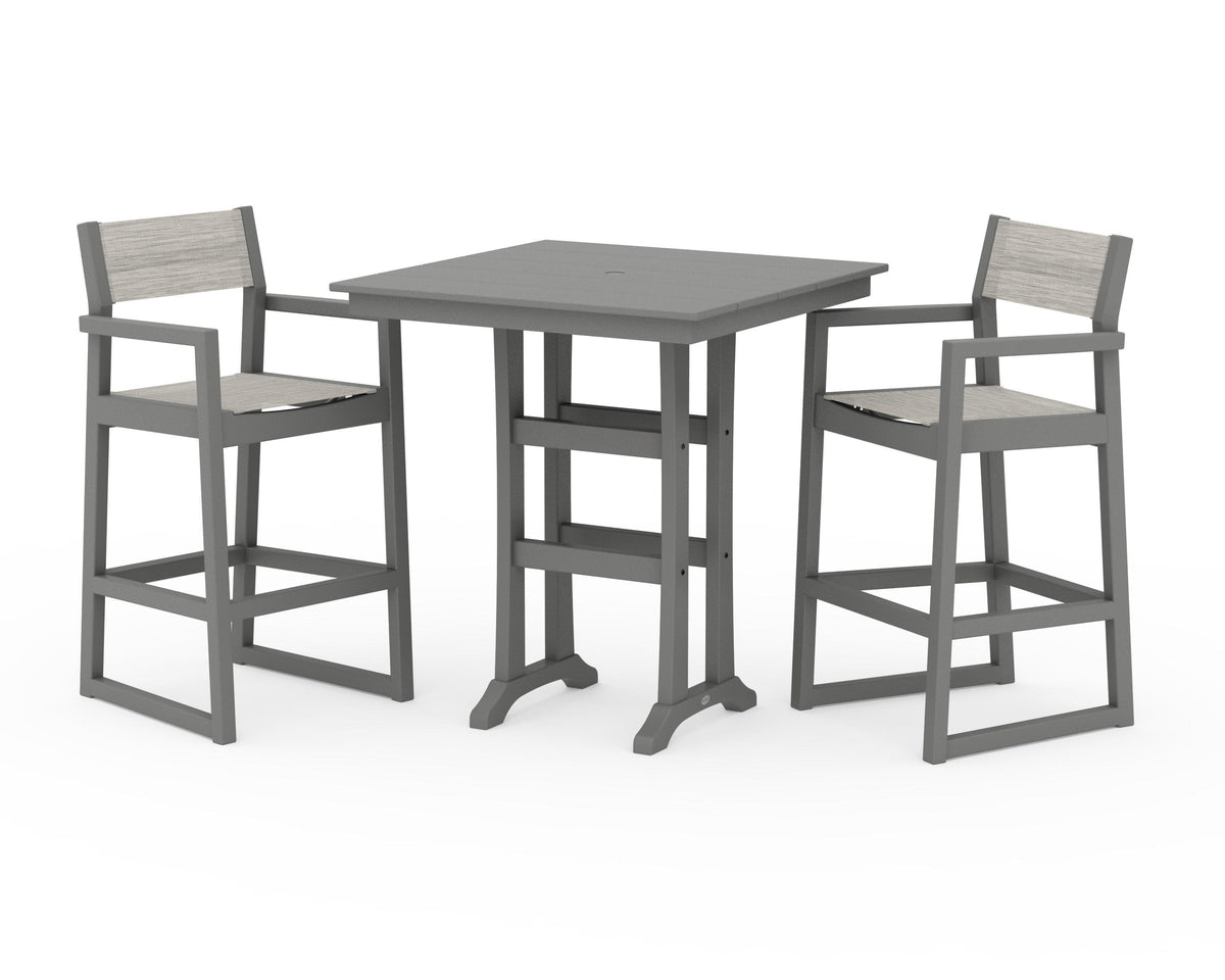 POLYWOOD EDGE Sling Arm Chair 3-Piece Farmhouse Bar Set with Trestle Legs in Slate Grey / Birch
