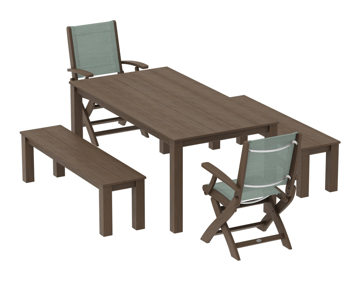 POLYWOOD Coastal Folding Chair 5-Piece Parsons Dining Set with Benches in Kona / Dupioni Sea Mist