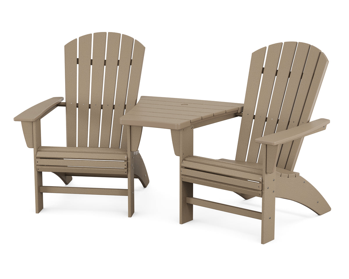 POLYWOOD Nautical 3-Piece Curveback Adirondack Set With Angled Connecting Table in Vintage Sahara