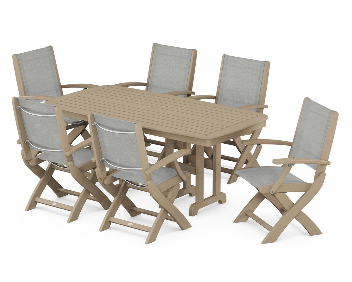 POLYWOOD Coastal Folding Arm Chair 7-Piece Dining Set in Vintage Sahara / Metallic