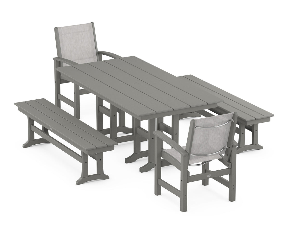 POLYWOOD Coastal 5-Piece Farmhouse Dining Set with Farmhouse 37" x 72" Dining Table in Slate Grey / Parchment