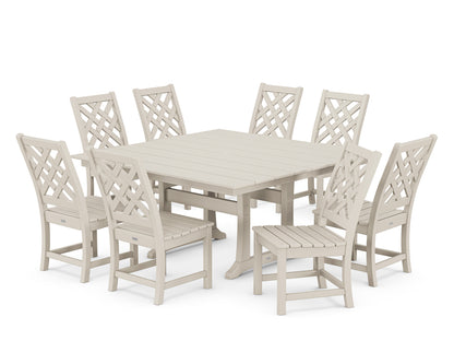 POLYWOOD Wovendale Side Chair 9-Piece Square Farmhouse Dining Set with Trestle Legs in Sand