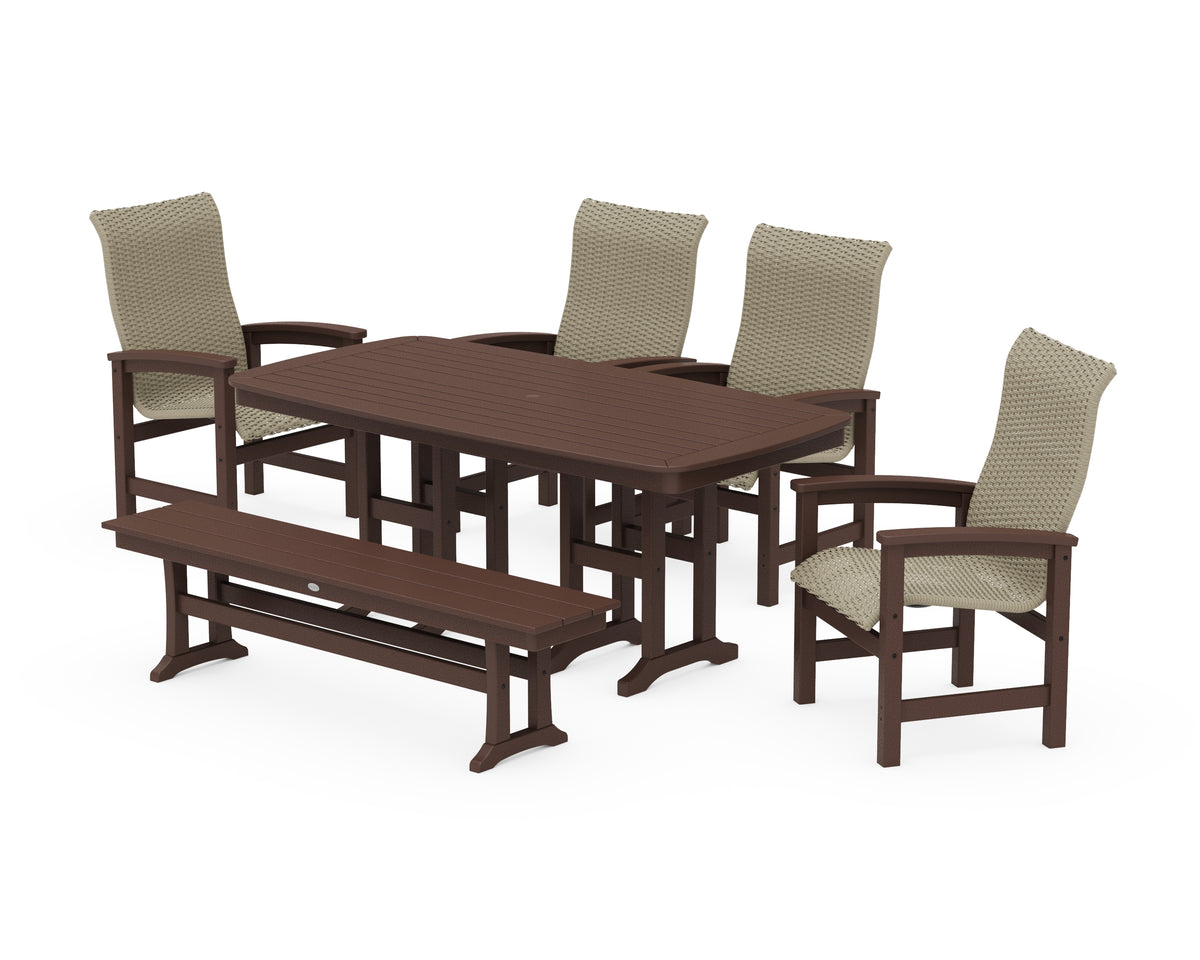 POLYWOOD Coastal Woven High-Back 6-Piece Farmhouse Dining Set with Bench with Nautical 37" x 72" Dining Table in Mahogany / Dune Grass