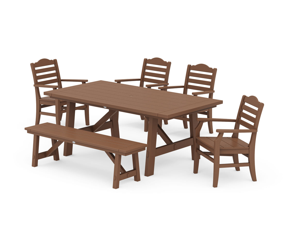 POLYWOOD Savannah 6-Piece Rustic Farmhouse Dining Set with Bench in Teak