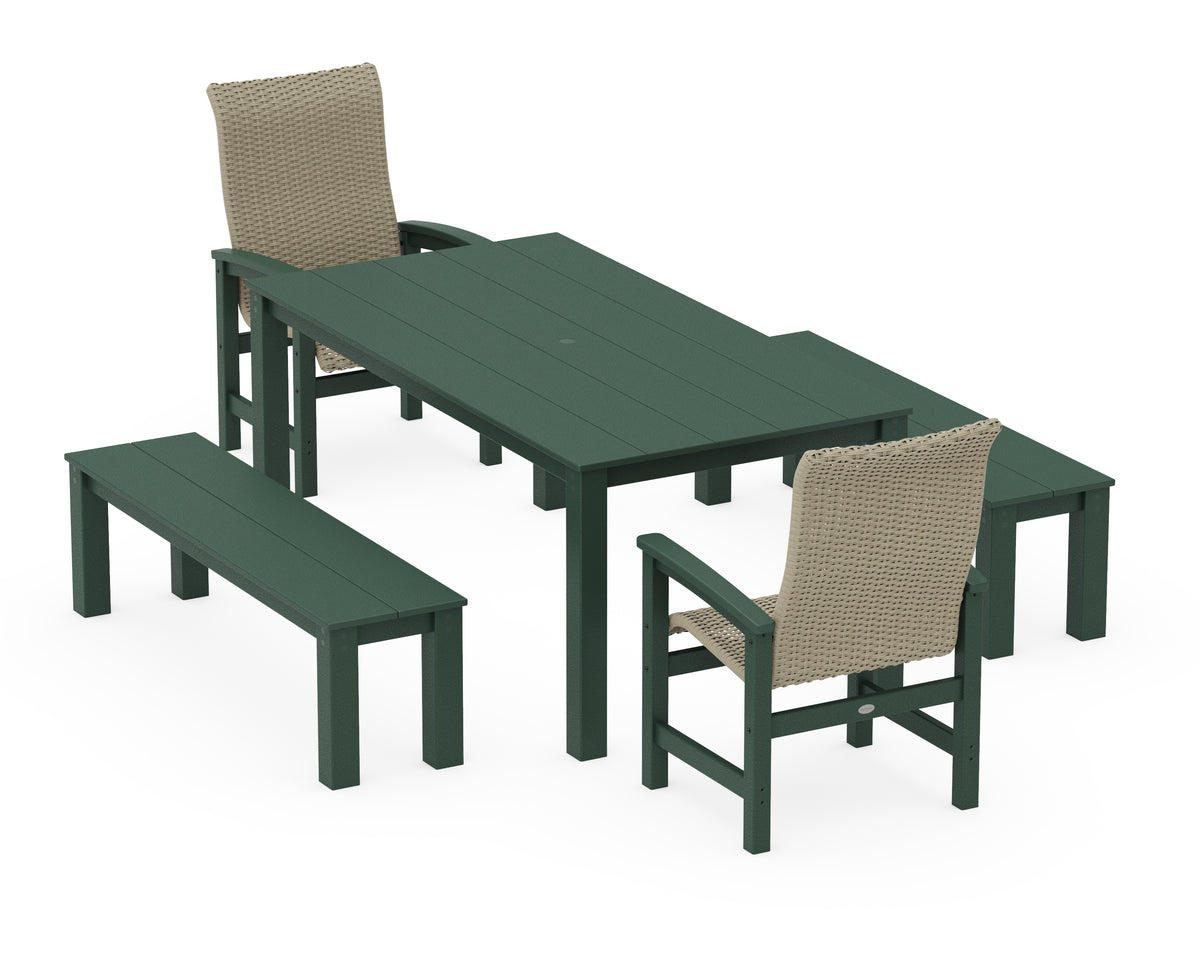 POLYWOOD Coastal Woven High-Back 5-Piece Parsons Dining Set with Benches in Green / Dune Grass