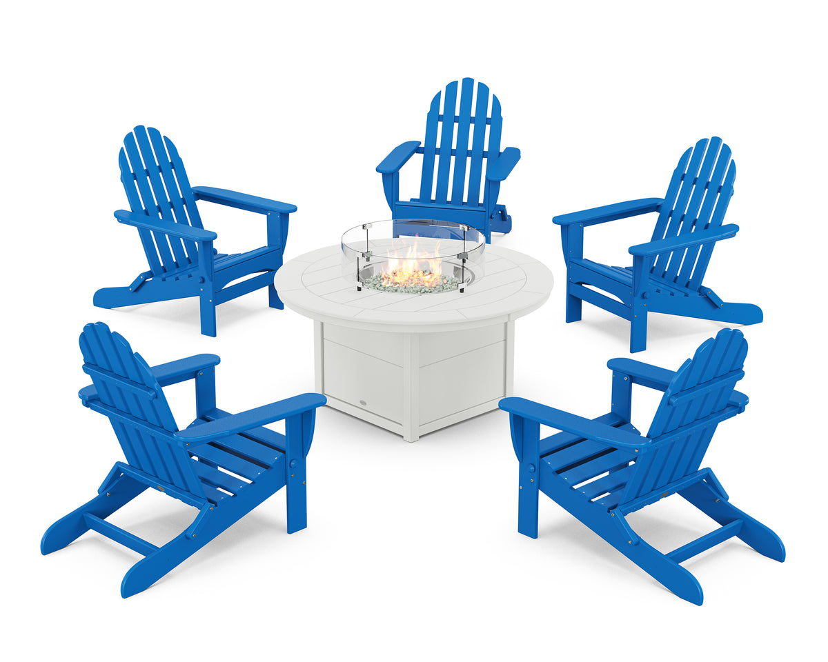 POLYWOOD Classic Folding Adirondack 6-Piece Conversation Set with Fire Pit Table in Pacific Blue / White