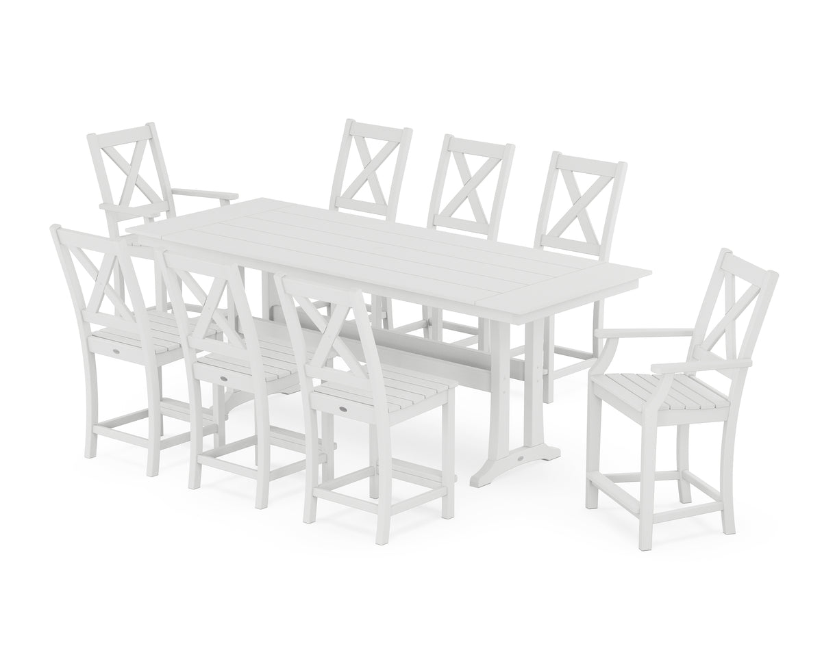 POLYWOOD Braxton 9-Piece Farmhouse Counter Set with Trestle Legs in White