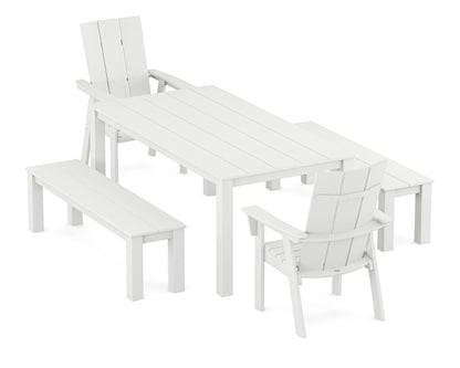 POLYWOOD Modern Curveback Adirondack 5-Piece Parsons Dining Set with Benches in White