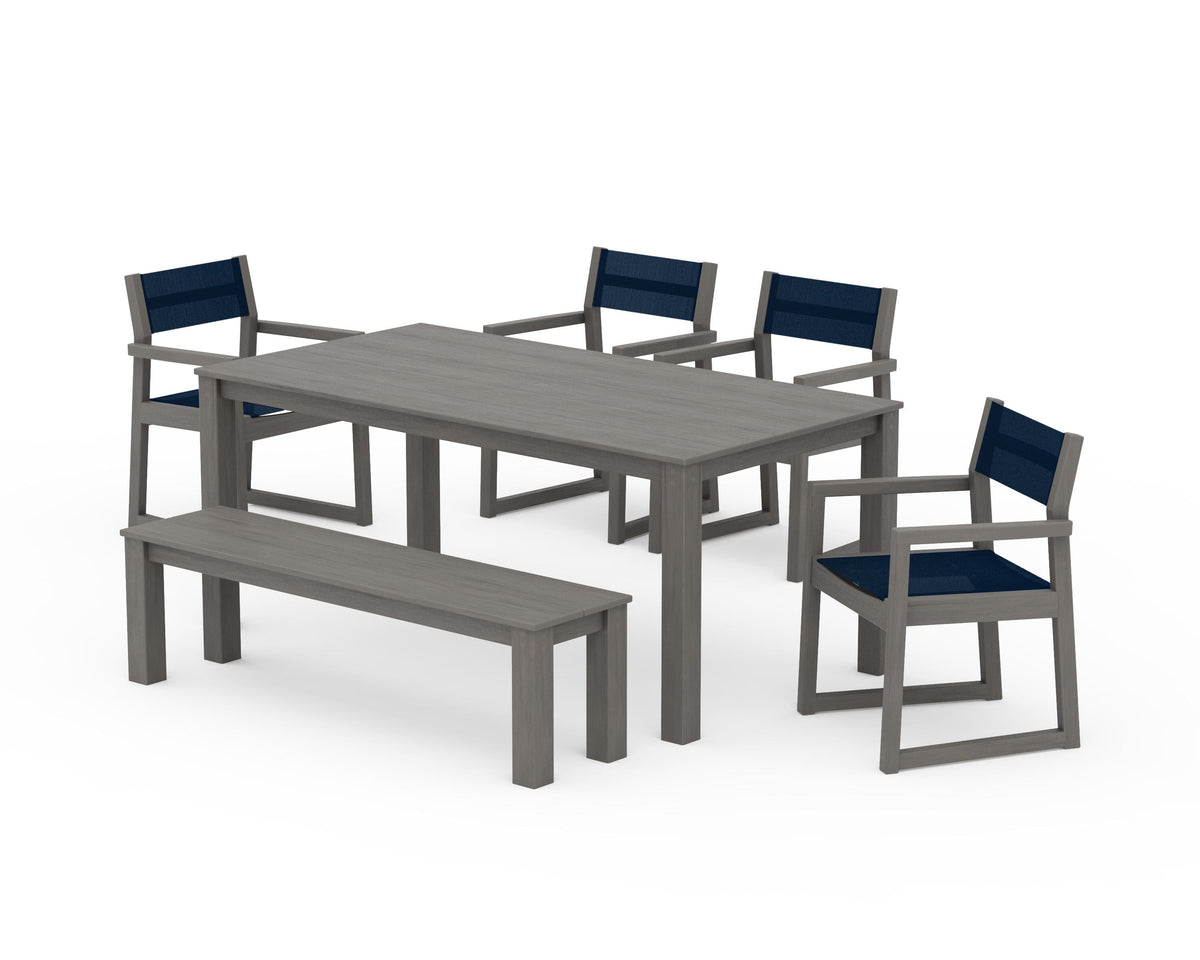 POLYWOOD EDGE Sling Arm Chair 6-Piece Parsons Dining Set with Bench in Driftwood / Navy Blue