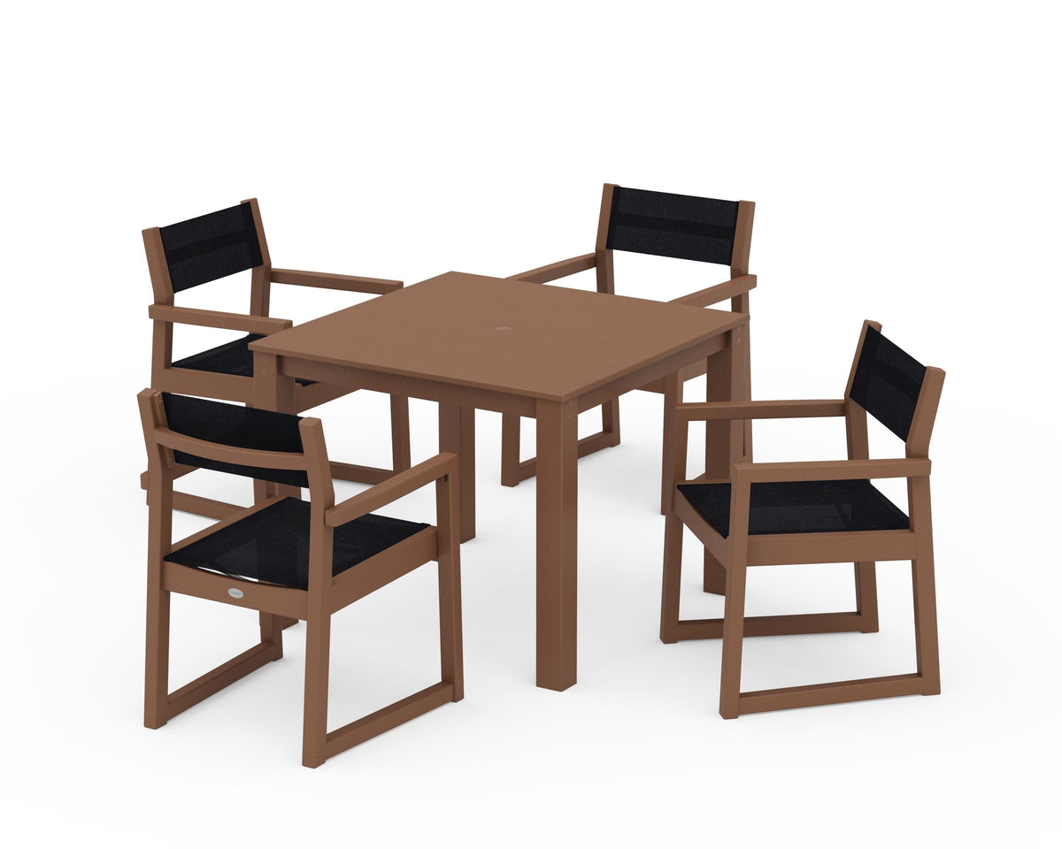 POLYWOOD EDGE Sling Arm Chair 5-Piece Parsons Dining Set in Teak / Black