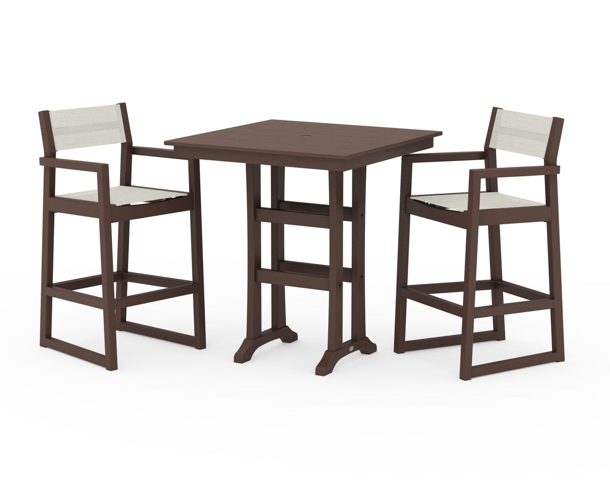 POLYWOOD EDGE Sling Arm Chair 3-Piece Farmhouse Bar Set with Trestle Legs in Mahogany / Parchment