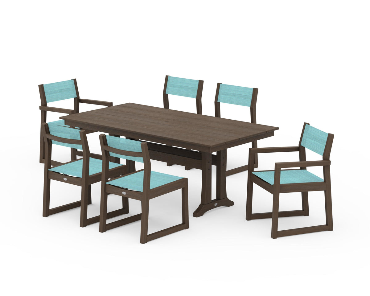 POLYWOOD EDGE Sling 7-Piece Farmhouse Trestle Dining Set in Kona / Dupioni Aquamarine