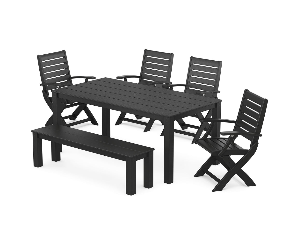 POLYWOOD Signature Folding Chair 6-Piece Parsons Dining Set with Bench in Black