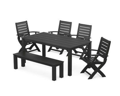 POLYWOOD Signature Folding Chair 6-Piece Parsons Dining Set with Bench in Black