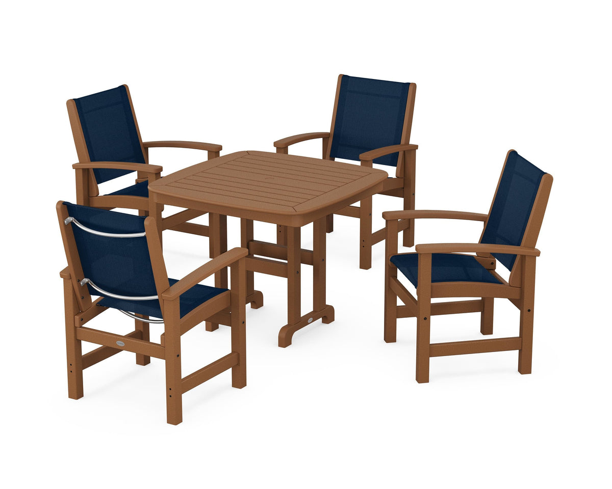 POLYWOOD Coastal 5-Piece Dining Set with Nautical 37" Dining Table in Teak / Navy Blue
